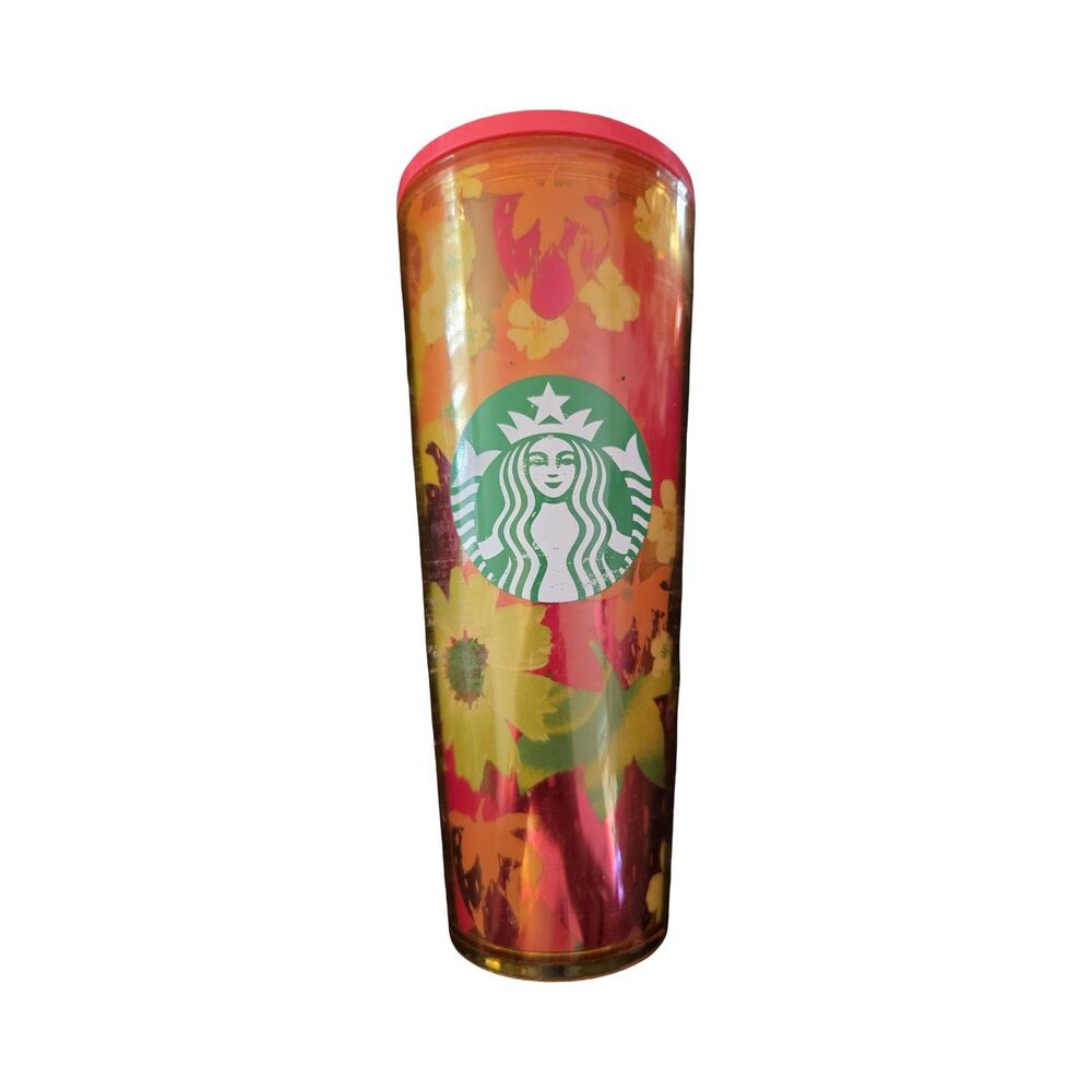 Starbucks Floral Cold Cup Tumbler Pink Orange Yellow Flowers No Straw